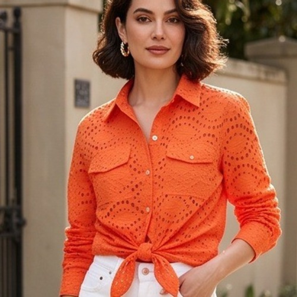 Bella Amore L/XL Orange Eyelet Cotton Tie Front Shirt Made in Italy Euro Summer